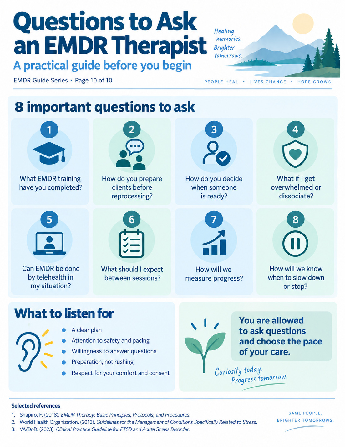 Eight questions to ask an EMDR therapist about training, fit, preparation, dissociation, pacing, progress, telehealth, and alternatives.
