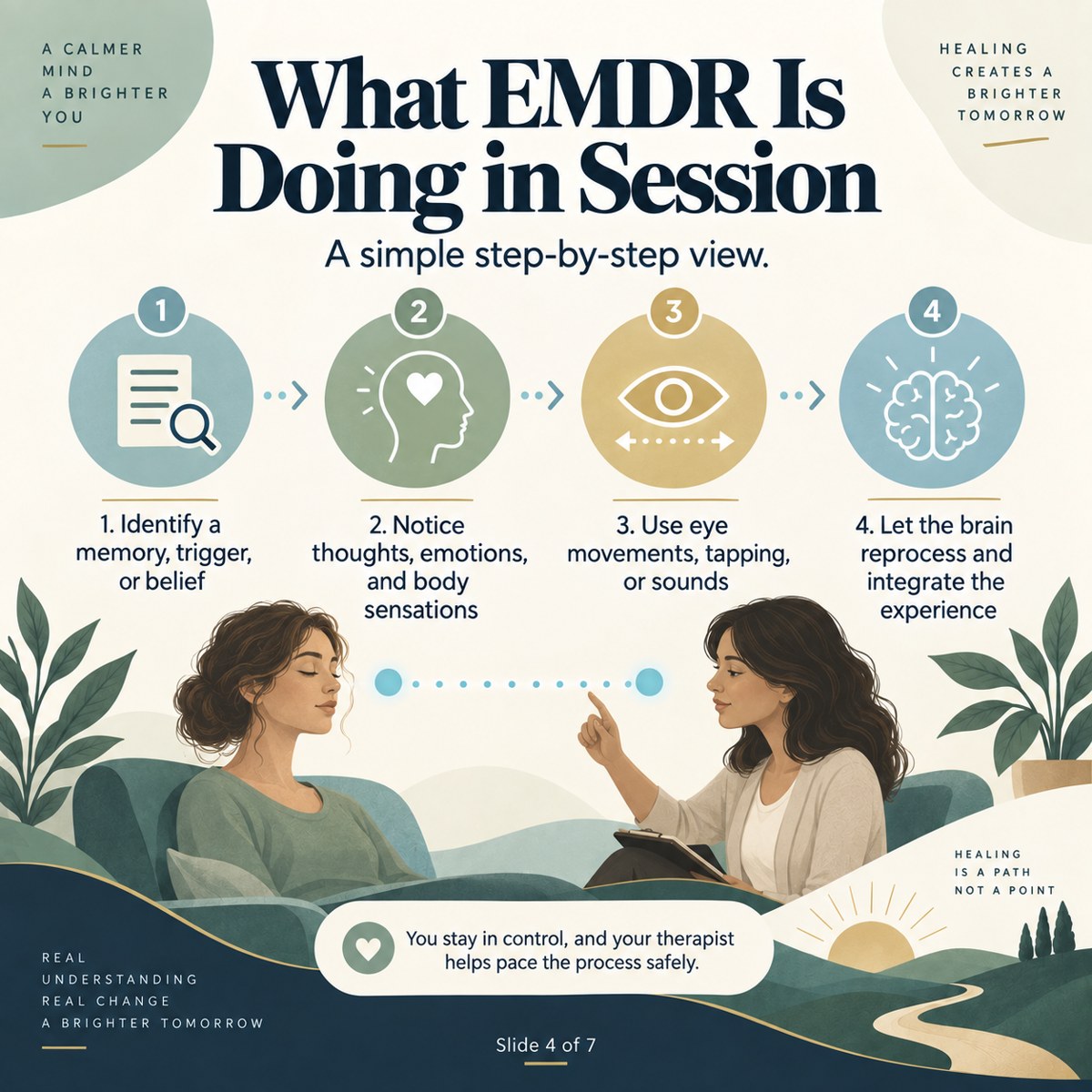What EMDR Is Doing in Session. The four illustrated steps omit assessment, preparation, closure, and follow-up. They are not instructions for self-directed trauma reprocessing. Bilateral stimulation alone is not equivalent to EMDR therapy.