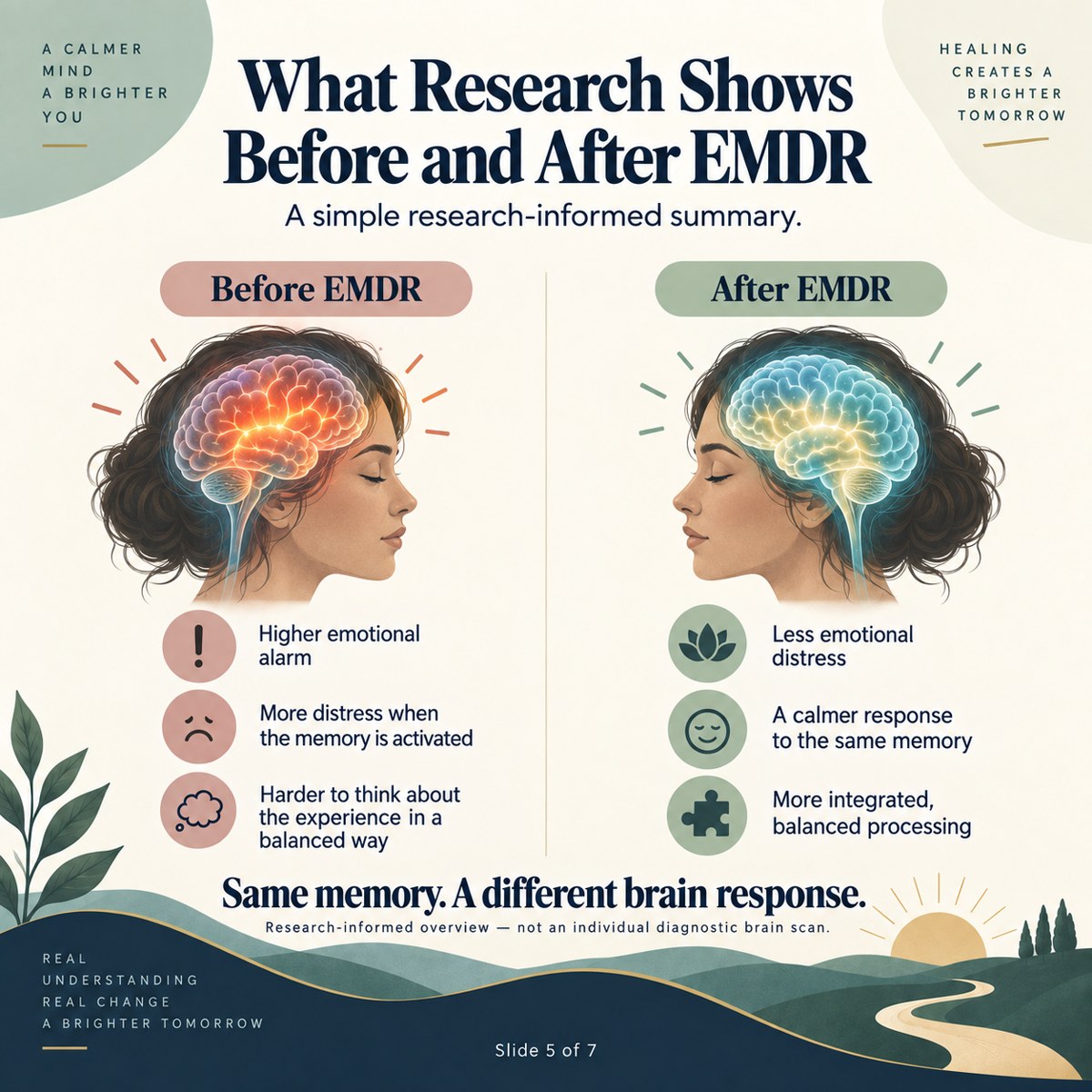 What Research Shows Before and After EMDR. The pictures are illustrations, not actual patient scans or a validated before/after test. Preliminary neuroimaging findings do not establish a universal brain response, prove causation, or predict individual benefit.