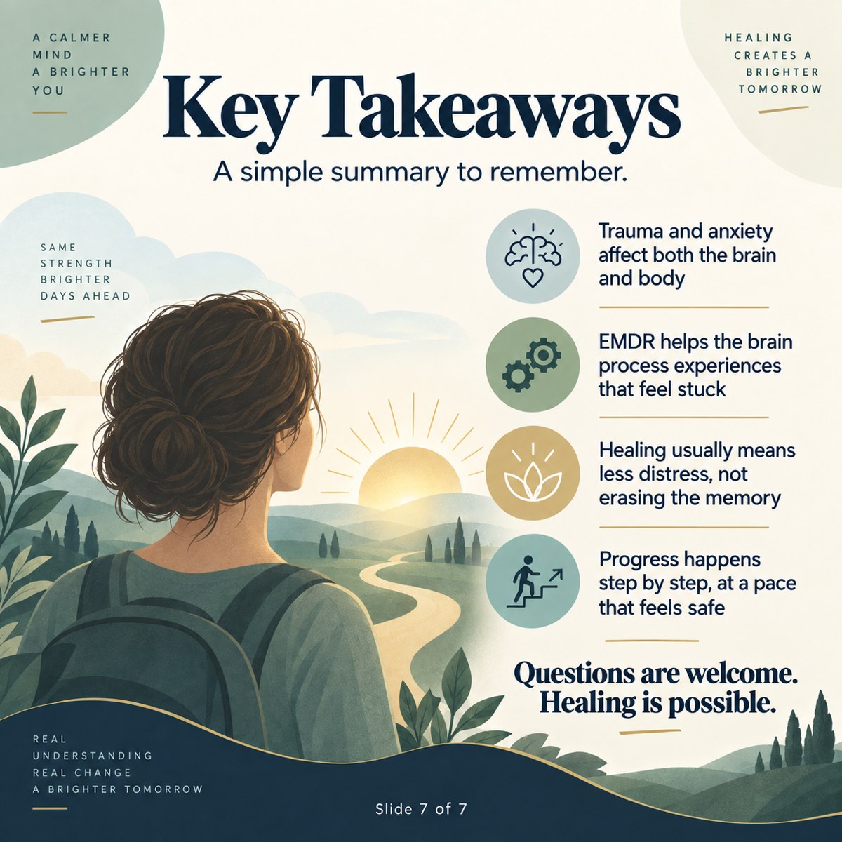 Key Takeaways. EMDR is supported for PTSD, while specific neural mechanisms remain under study. Progress can be uneven. Questions about fit, pacing, or alternatives are welcome throughout treatment.