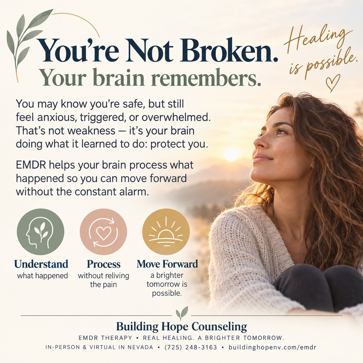 You’re Not Broken. The image offers reassurance, not a diagnosis. “Without reliving the pain” describes a treatment goal, not a guarantee: recalling distressing material can bring up difficult feelings. Agree on pacing and a pause signal with your therapist.