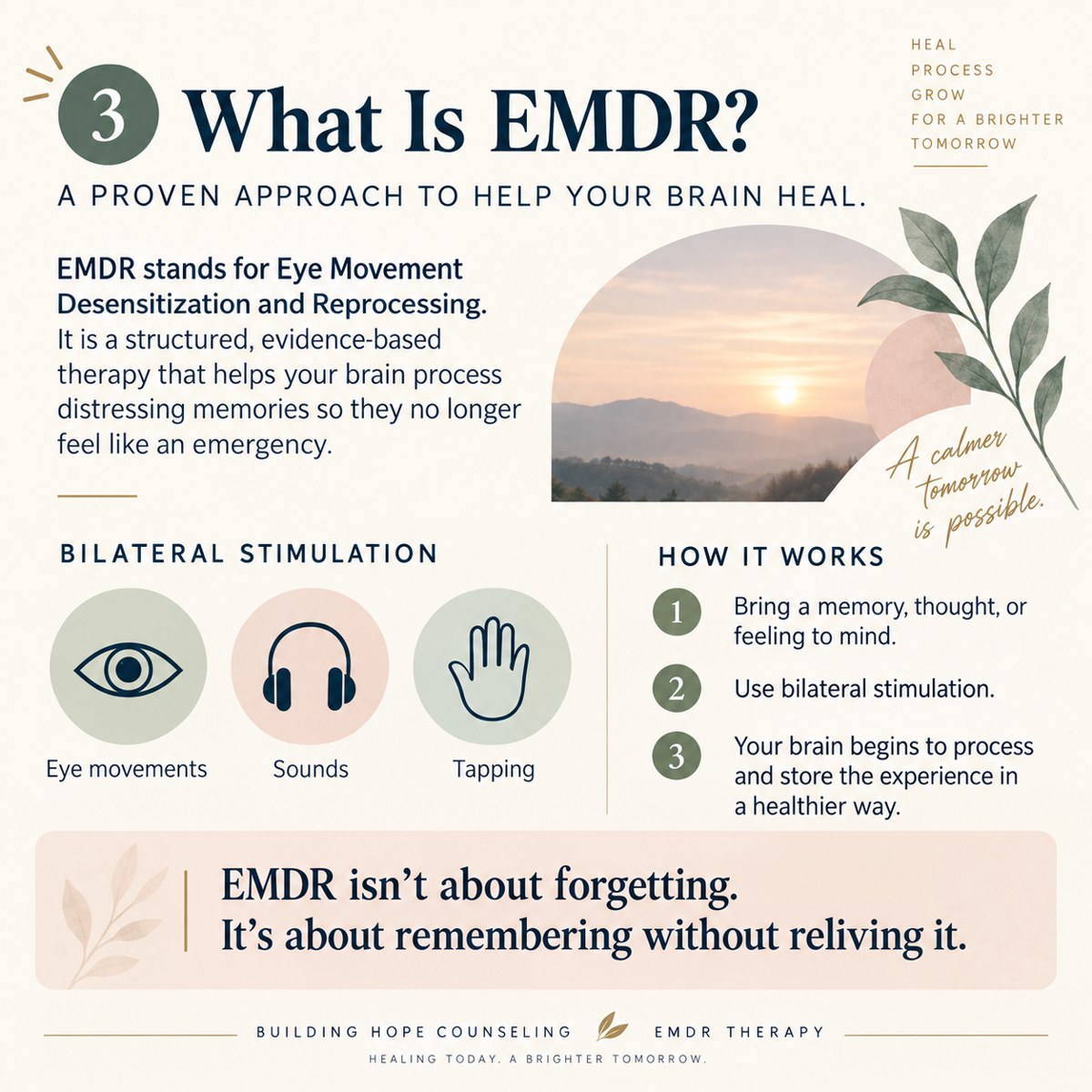 What Is EMDR?. EMDR is a complete psychotherapy, not simply recalling a memory while following a dot. Its strongest established evidence concerns PTSD. “Brain healing” and healthier storage are explanatory language, not a proven biological sequence.