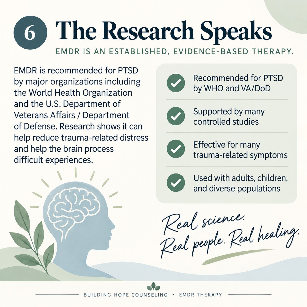 The Research Speaks. Guideline recommendations are diagnosis- and population-specific. Evidence for PTSD does not establish effectiveness for every trauma-related problem, age group, or individual.